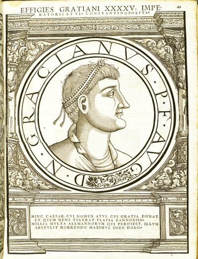 Graciano, ilustración de Imperatorum romanorum omnium orientalium et occidentalium verissimae imagines ex antiquis numismatis, 1559 de Hans Rudolf Manuel Deutsch